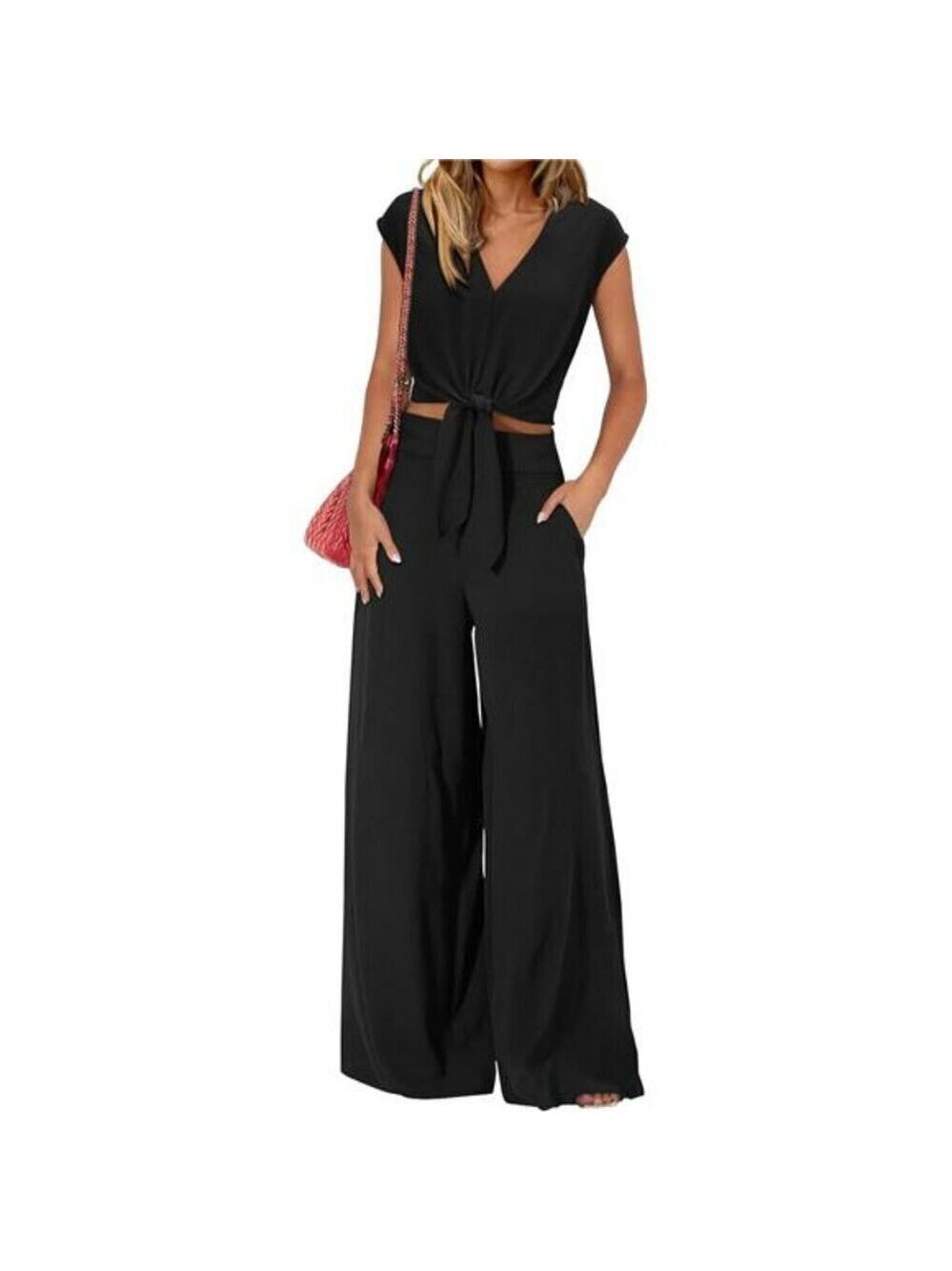PRETTYGARDEN 2 Piece V Neck Crop Top Wide Leg Pant Set Summer Outfit Women